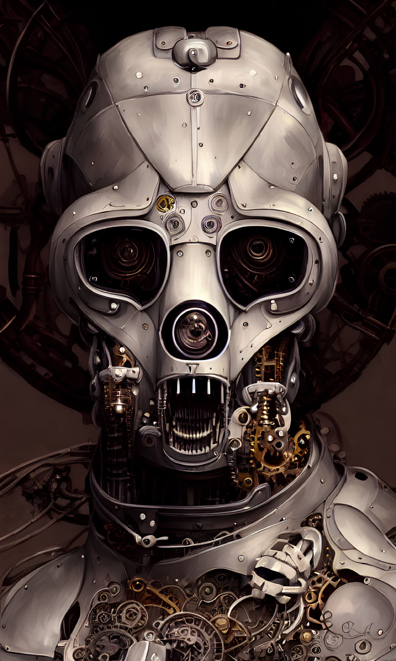 Detailed humanoid robot head with intricate mechanical components and dark eye sockets.