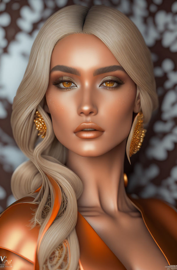 Female model with platinum blonde hair, golden earrings, bronze makeup on patterned backdrop