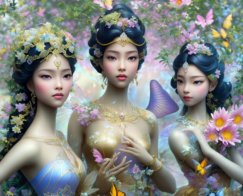 Ethereal women in gold jewelry and elegant dresses with butterflies and flowers.