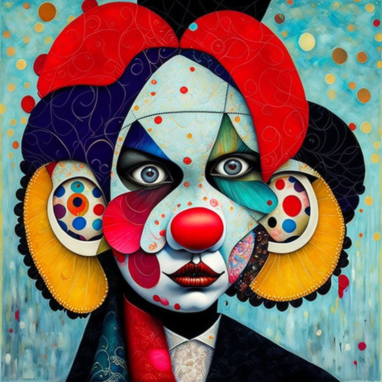 Symmetrical split design of colorful clown face with whimsical style