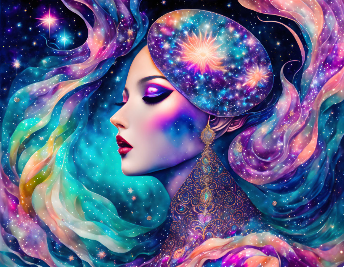 Colorful Woman with Galaxy Makeup in Cosmic Background