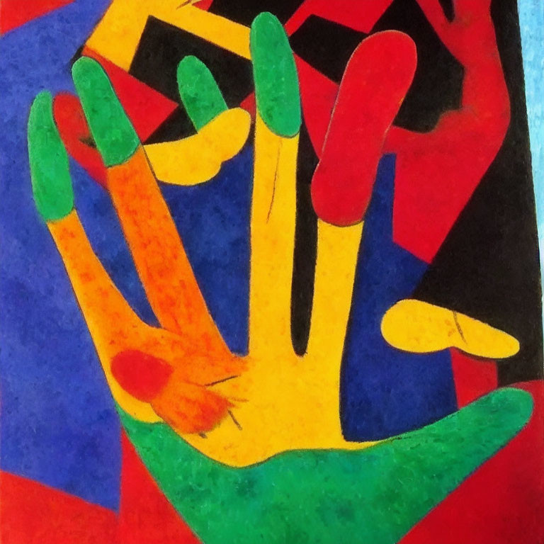 Vibrant abstract painting of stylized human hand in bold colors