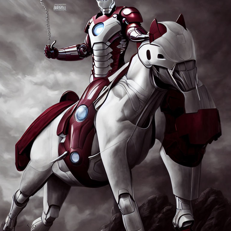 Medieval knight styled as Iron Man on horseback under dramatic sky