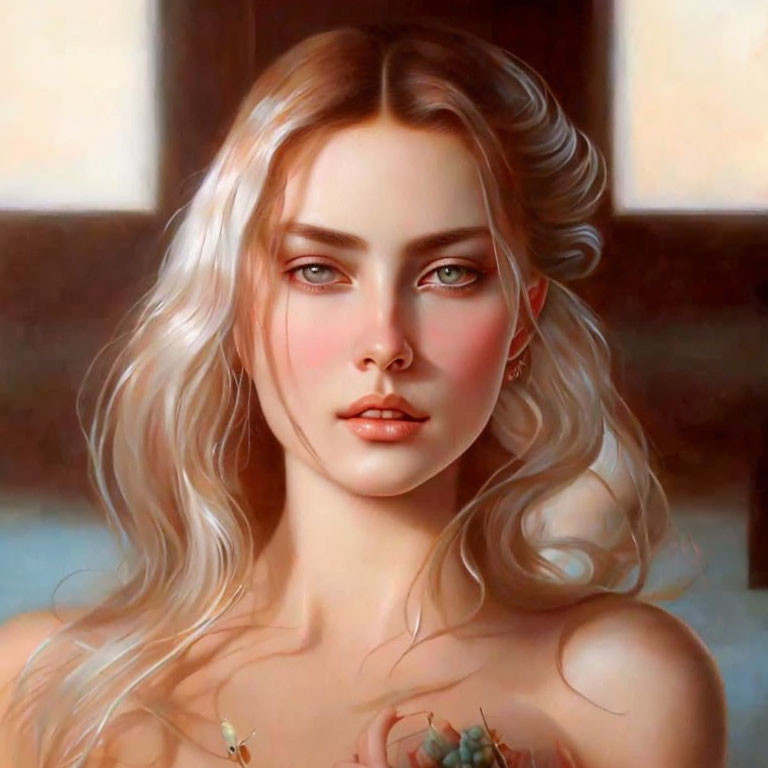 Portrait of a woman with wavy blonde hair and green eyes, showcasing skin texture and a shoulder tattoo