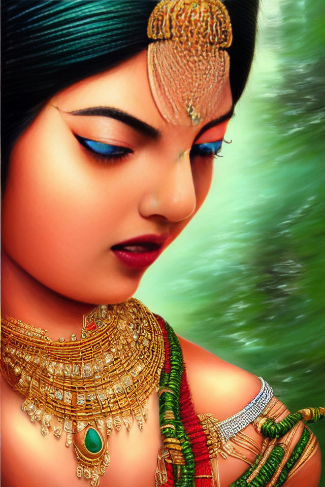 Digital portrait of woman with intricate jewelry on green background