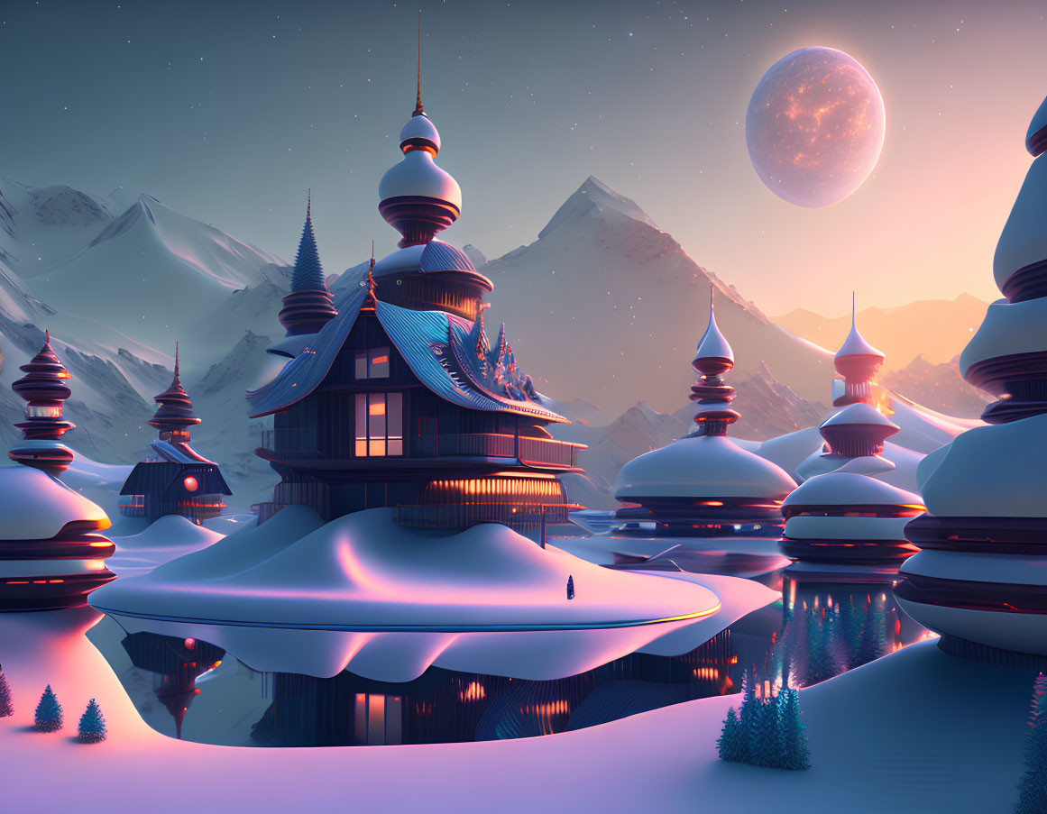 Snowy Oriental-style buildings and moonlit mountains in a serene night landscape