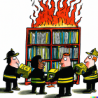 Animated firefighters rescuing books from burning bookshelf