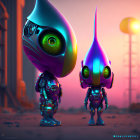 Futuristic humanoid robots under purple sky