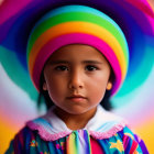 Serious young child in colorful rainbow attire