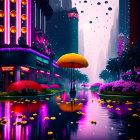 Vibrant surreal cityscape with neon lights and oversized flowers