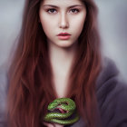 Serious young girl with long brown hair wearing denim top and green snake around neck