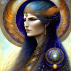 Mystical female figure with cosmic-themed headdress and blue hair