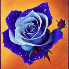 Digital Art: Blue Rose with Water Droplets on Orange Background