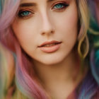 Colorful wavy hair and vibrant makeup on a woman with blue eyes and artistic eyebrow accents on a