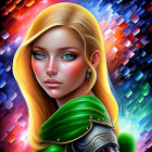 Blonde woman in green jacket with earring on cosmic backdrop