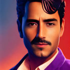 Confident man with mustache in purple jacket on red-orange background