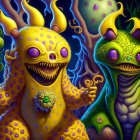 Vibrant yellow and green monstrous creatures with tentacles and textured skin on dark background