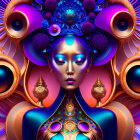 Digital artwork of female figure with blue skin and ornate gold and purple elements surrounded by intricate patterns.