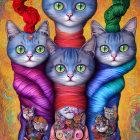 Colorful Whimsical Cats Wrapped in Yarn and Kittens - Detailed Background