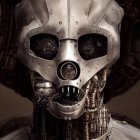 Detailed humanoid robot head with intricate mechanical components and dark eye sockets.