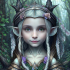 Fantastical elf with blue eyes in floral woodland