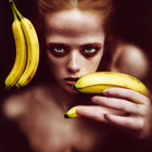 Striking red eye makeup person holding banana on dark background