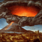 Dramatic painting of volcano eruption with ash cloud and fleeing figures