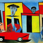 Colorful surrealist painting with distorted perspective of buildings, car, and figures.