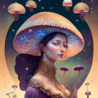 Woman in Mushroom Cap Hat Surrounded by Floating Mushrooms in Cosmic Setting