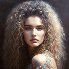 Voluminous Curly Hair Woman Portrait with Captivating Eyes in Shimmering Garment