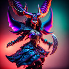 Fantasy demoness figure in elaborate armor with large horns and weapon on vibrant background