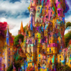 Colorful, whimsical cityscape on cliff under dreamy sky