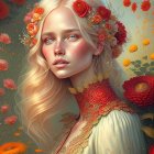 Blond woman in peach beret among red blooms in natural setting