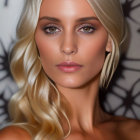 Female model with platinum blonde hair, golden earrings, bronze makeup on patterned backdrop