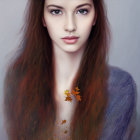 Young woman digital artwork with long hair and autumn leaves on colorful sweater