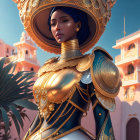 Woman in golden armor and wide-brimmed hat with historic building and palm tree.