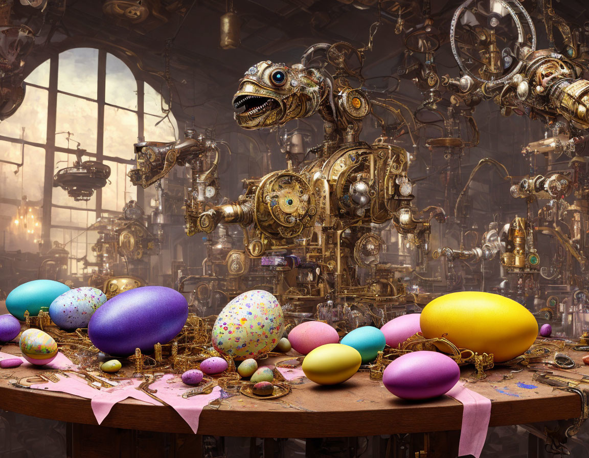 Steampunk workshop with mechanical creatures and painted eggs on wooden table