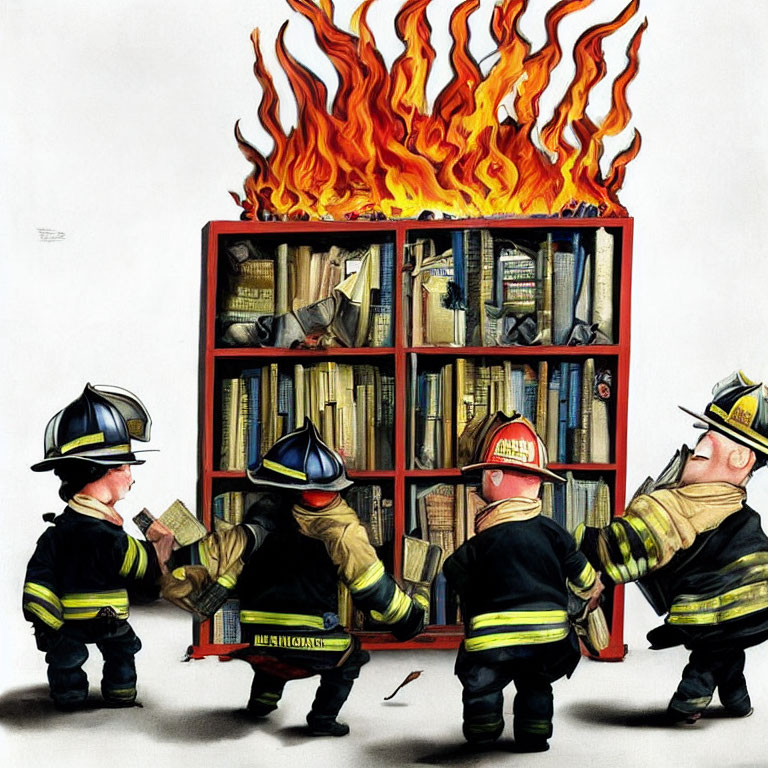 Animated firefighters rescuing books from burning bookshelf