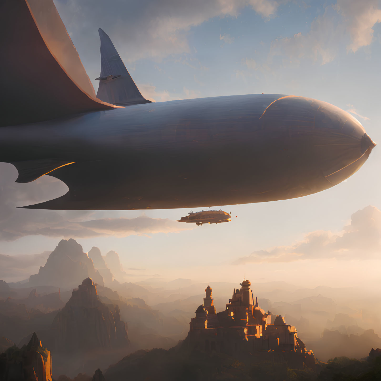 Futuristic airship over mountain landscape with castle at sunset