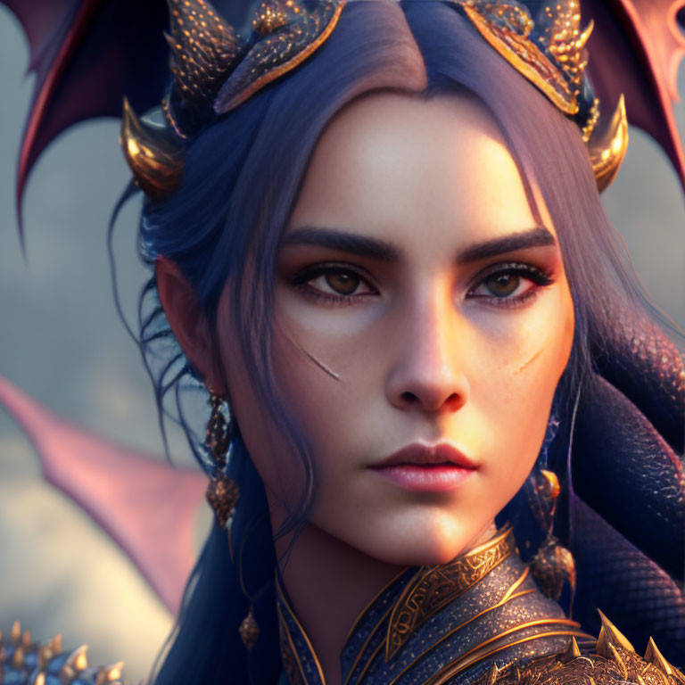 Detailed 3D illustration of female character with horns, golden headdress, blue hair, and orange