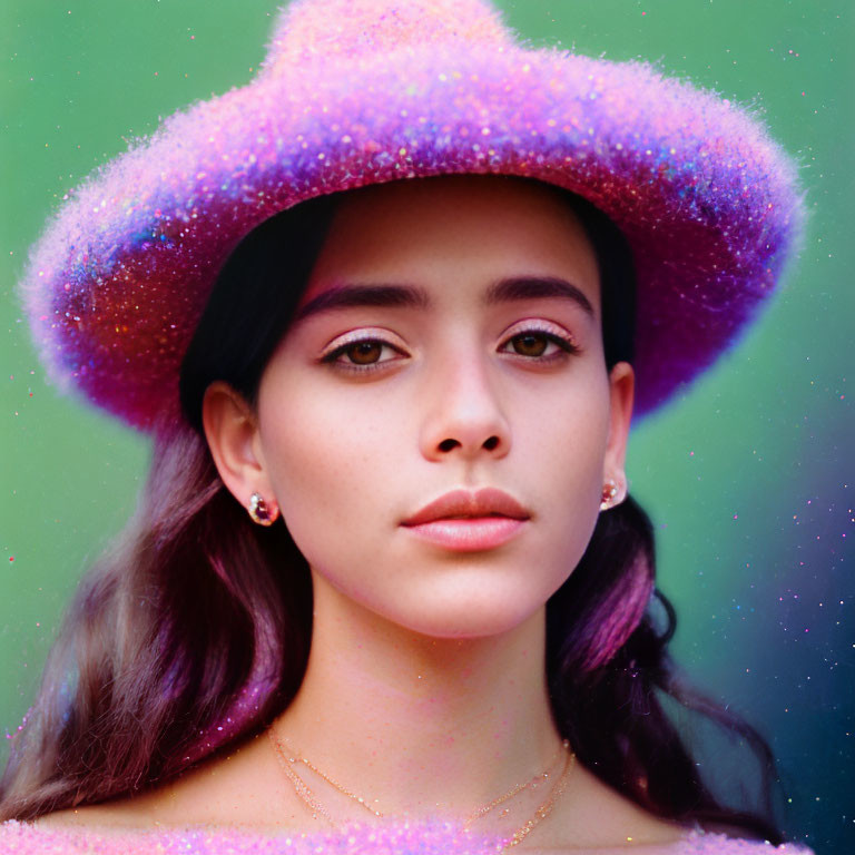 Young woman with brown eyes and purple-tinted hair in glittery hat and chain necklace on green