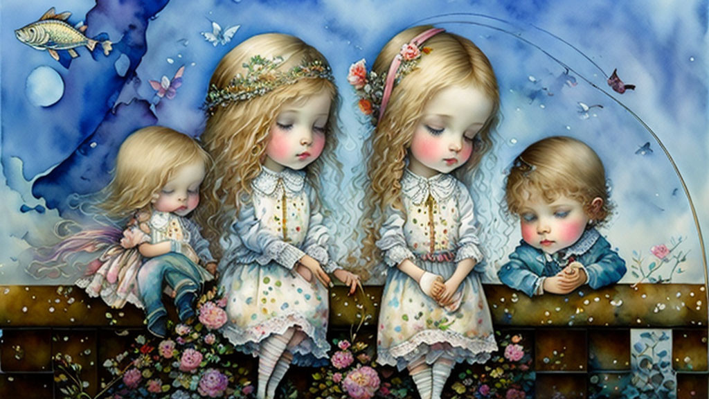 Four angelic children with flowers in whimsical scene.