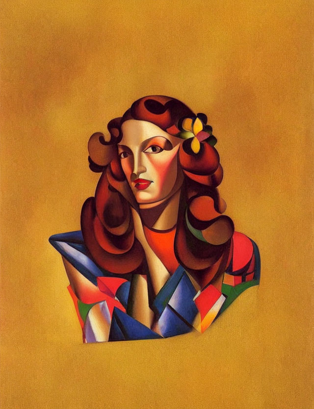 Colorful Cubist Portrait of Woman with Red Hair and Flower in Geometric Outfit