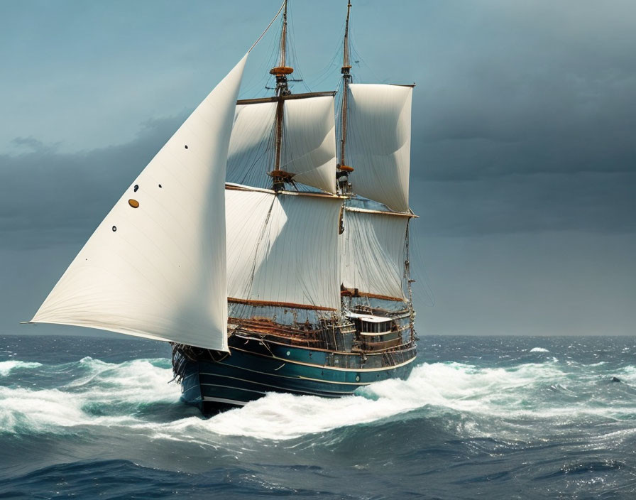 Tall ship with white sails navigating turbulent ocean waters