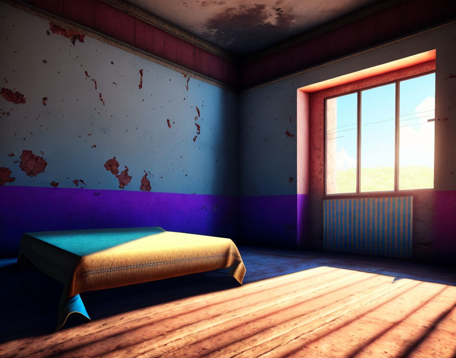 Simple Room with Blue Bed Cover, Peeling Walls, Sunlit Window, and Radiator