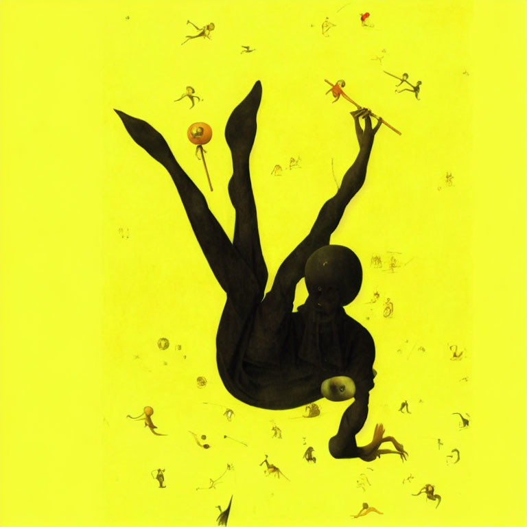 Upside Down Silhouetted Figure with Objects on Yellow Background