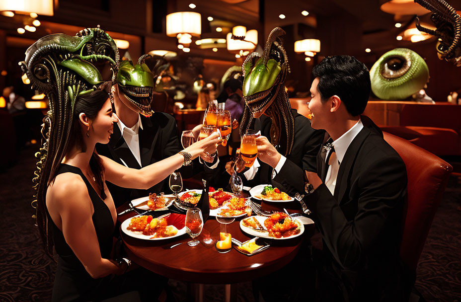 Formal Attired People Toasting Drinks with Alien Heads at Dining Table