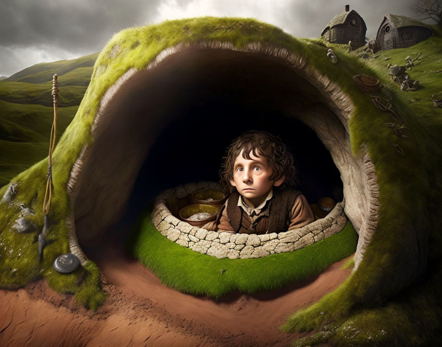 Curly-Haired Child Peeks from Round Doorway in Earth-Sheltered Home