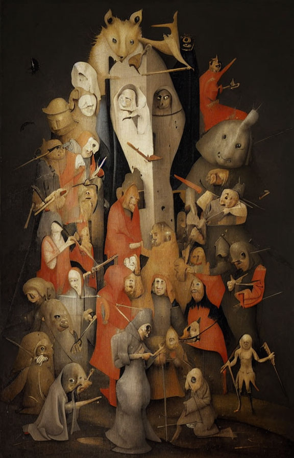 Surreal painting with anthropomorphic figures in red cloaks playing instruments