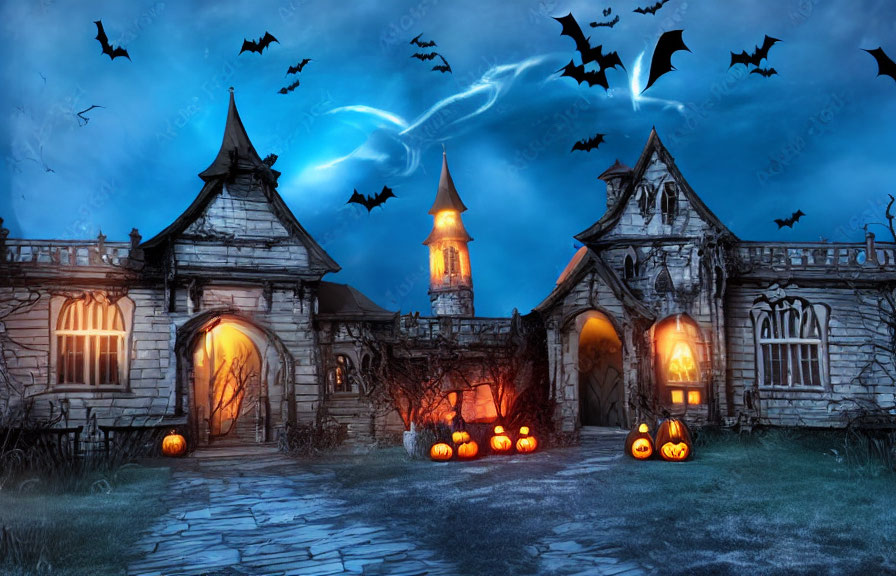 Gothic mansion with jack-o'-lanterns, bats, and eerie twilight ambiance